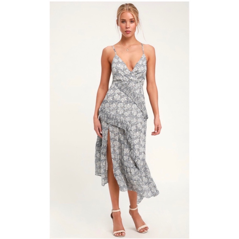 NWT Memories Blue Floral Print Ruffled Midi Dress